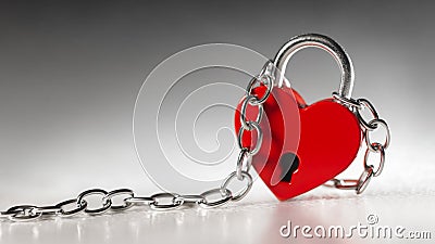 Lock in the shape of a red heart with chains. Love in wedlock, marriage, or Valentine`s Day concept Stock Photo