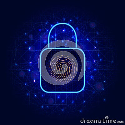 Lock symbol and biometric fingerprint scanner for access to protected data. Cyber security concept with padlock and thumb print se Cartoon Illustration