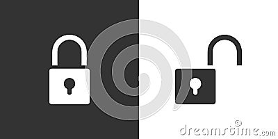 Lock and unlock icon on black and white background Cartoon Illustration