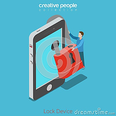 Lock your device secure content concept. Micro man locking lock over smartphone screen. Flat 3d isometry isometric style web site Vector Illustration
