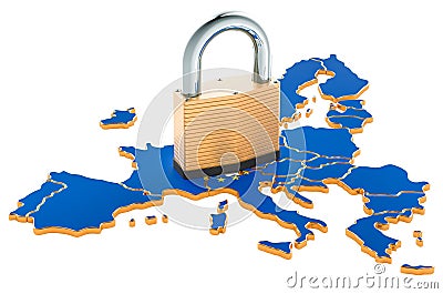 Lockdown in the European Union. Padlock with map, border protection concept. 3D rendering Stock Photo