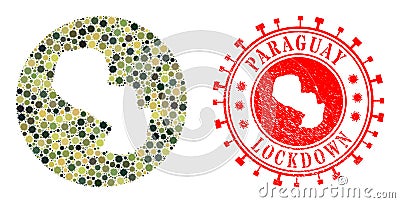 Lockdown Grunge Badge and Virus Outbreak Mosaic Hole Paraguay Map in Camouflage Military Color Hues Vector Illustration