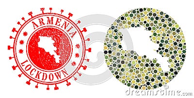 Lockdown Grunge Seal and Viral Mosaic Inverted Armenia Map in Camo Army Colors Vector Illustration