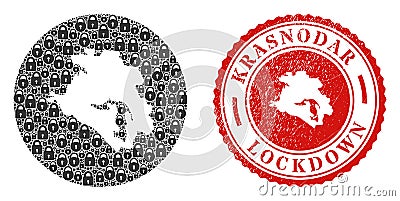 Lockdown Grunge Stamp and Locks Mosaic Stencil Krasnodarskiy Kray Map Vector Illustration