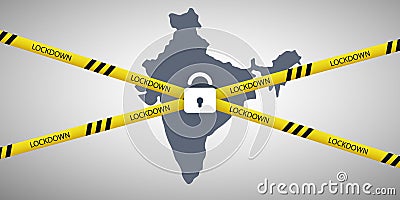 Lockdown in India - Vector Design Concept with Map of India, Cordon Line and Padlock Vector Illustration