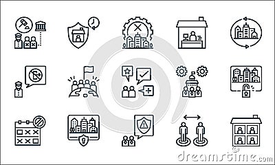 Lockdown line icons. linear set. quality vector line set such as quarantine, determine, period, space, shutdown, authority, Vector Illustration
