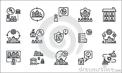 Lockdown line icons. linear set. quality vector line set such as war, forbidden, unlock, stay at home, prison, shutdown, rule, Vector Illustration