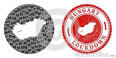 Lockdown Scratched Stamp and Locks Mosaic Inverted Hungary Map Vector Illustration