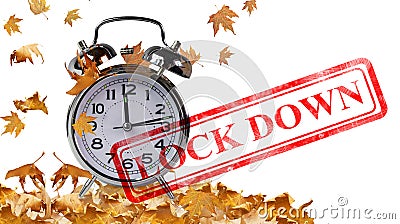 Lockdown seal for coronavirus covid-19 virius covid autumn time clock and leaves isolated for background Stock Photo