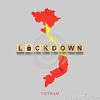 Lockdown. Vietnam. The inscription on wooden blocks against the background of the map of Vietnam. 3D illustration. Closing the Cartoon Illustration