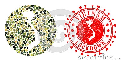 Lockdown Watermark Seal and Covid Infection Mosaic Inverted Vietnam Map in Camo Army Color Hues Vector Illustration