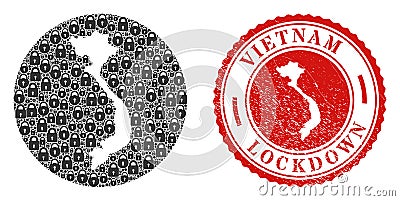 Lockdown Watermark Seal and Locks Mosaic Subtracted Vietnam Map Vector Illustration