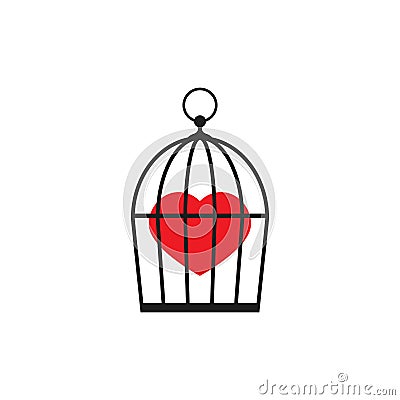 Locked bird cage with red heart icon. Trap, imprisonment, jail concept Vector Illustration