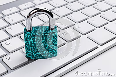 Locked computer safe from virus or malware attack. Laptop computer being protected from online cyber crime and hacking. Computer Stock Photo