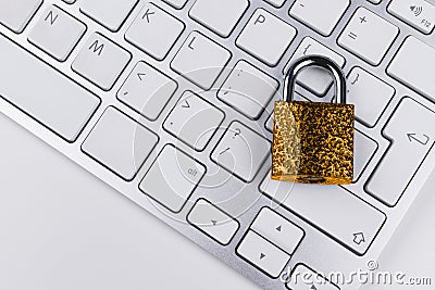 Locked computer safe from virus or malware attack. Laptop computer being protected from online cyber crime and hacking. Computer Stock Photo