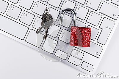 Locked computer safe from virus or malware attack. Laptop computer being protected from online cyber crime and hacking. Computer Stock Photo