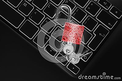 Locked computer safe from virus or malware attack. Laptop computer being protected from online cyber crime and hacking. Computer Stock Photo