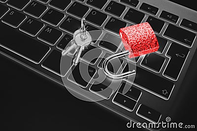Locked computer safe from virus or malware attack. Laptop computer being protected from online cyber crime and hacking. Computer Stock Photo