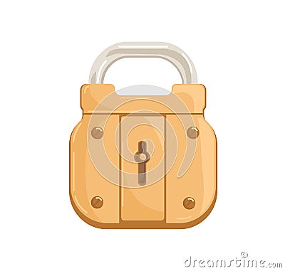 Locked hanging bronze padlock with closed shackle and keyhole. Glossy gold-colored brass mechanism for safe access Vector Illustration