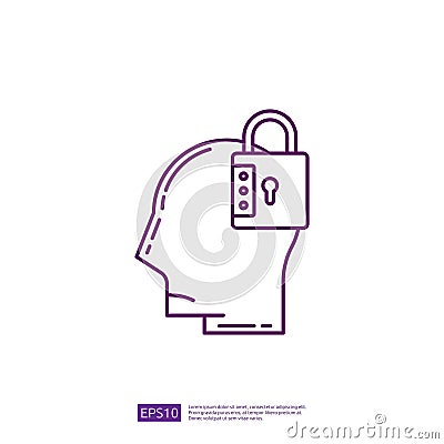 Locked Head Icon. Secure Data Privacy, Password Protection, Digital Security, Brain Safety, Encryption Concept Vector Illustration