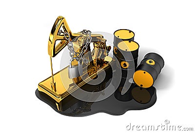 Locked Pumpjack, Barrels And Spilled Oil On White Background. Oil Production Reduction Concept. Stock Photo