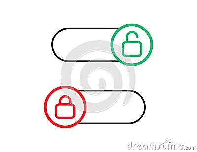 Locked and unlocked toggle. Switch on and off. Control slider. Red and green slider with round shape. Opened and closed symbol. Vector Illustration