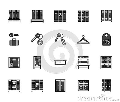 Locker room flat glyph icons set. Gym, school lockers, automatic left-luggage office, key tag vector illustrations Vector Illustration