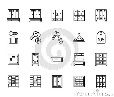 Locker room flat line icons set. Gym, school lockers, automatic left-luggage office, key tag vector illustrations Vector Illustration