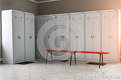 Dressing room with metal drawers and benches Stock Photo