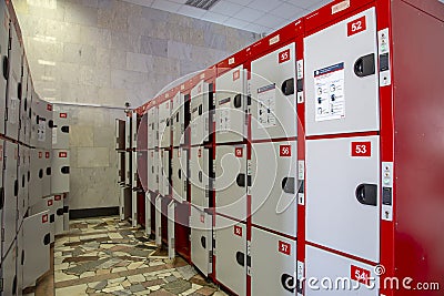 Lockers cabinets in a locker room. lockers at a railway station on Yaroslavsky railway station Editorial Stock Photo