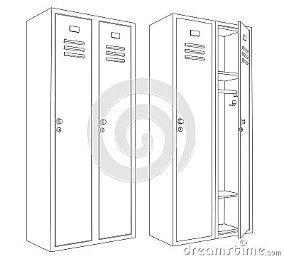 Lockers with one open and closed door. Outline drawing Vector Illustration