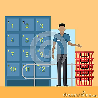 Lockers and Security Personnel in Supermarket Vector Illustration