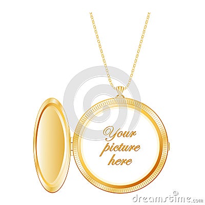 Locket, Vintage Round Gold Keepsake Jewelry, Necklace Chain, Copy Space Vector Illustration