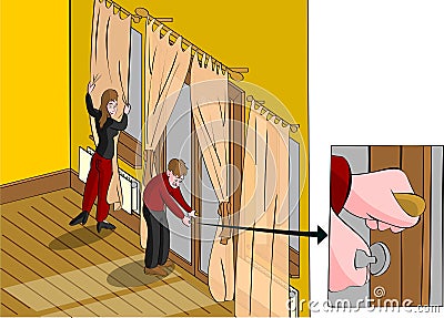 Locking back door closing curtains Stock Photo