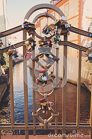 Locks on bridge in Prague to symbolize love forever Editorial Stock Photo