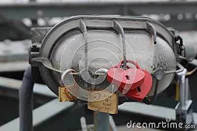 Locks heart form with names on Budapest bridge Editorial Stock Photo