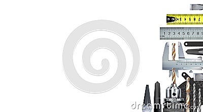 Locksmith decorative corner composition on theme of craft hand metal processing and work skill. 3d set tools of metalworking Stock Photo