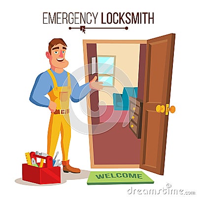 Locksmith Door Service Vector. Professional Master Repairman. Isolated Flat Cartoon Character Illustration Vector Illustration