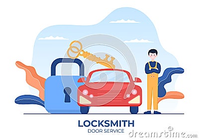Locksmith Repairman Car Door Repair, Maintenance and Installation Service with Equipment as Screwdriver or Key in Illustration Vector Illustration