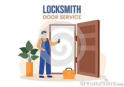 Locksmith Repairman Door Repair, Maintenance and Installation Service with Equipment as Screwdriver or Key in Illustration Vector Illustration