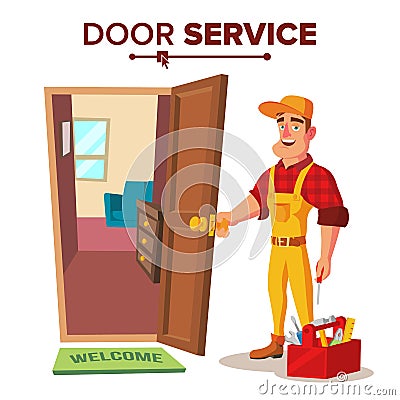 Locksmith Repairman Vector. Unlock The Door Service. Cartoon Character Illustration Vector Illustration