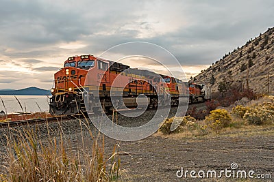 Locomotive of a cargo train passing through Klamath Falls Editorial Stock Photo
