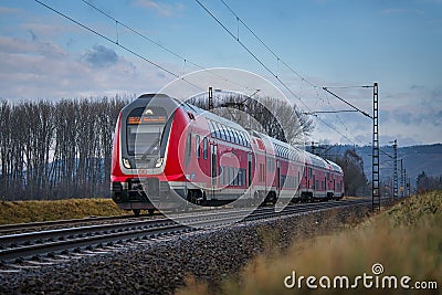 Locomotive freight train driving in the countryside Editorial Stock Photo