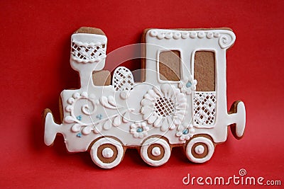 Locomotive made of gingerbread with icing on a colored background Stock Photo