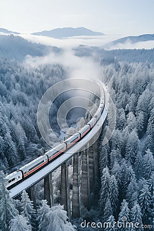 A locomotive pulls a passenger train along a winding road among the winter forest and mountains. Stock Photo