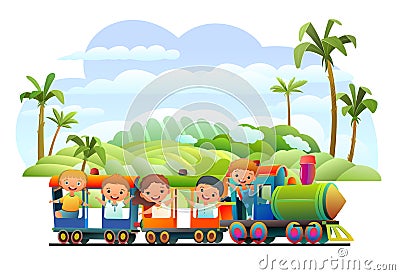 Locomotive rides on railroad. Funny kids. Multicolored wagons. Tropical landscape with palm trees. Cartoon style Vector Illustration