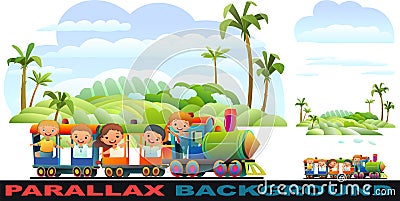 Locomotive rides on railroad. Set parallax effect. Funny kids. Multicolored wagons. Tropical landscape with palm trees Vector Illustration