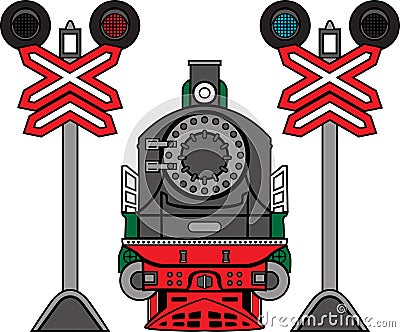 Locomotive and semaphores Vector Illustration