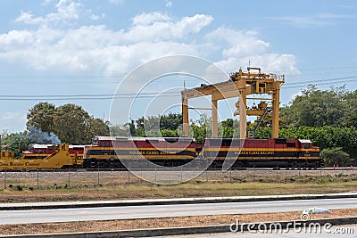 The locomotive of the train of the Panama Canal Railway which connects Panama City and Colon Editorial Stock Photo