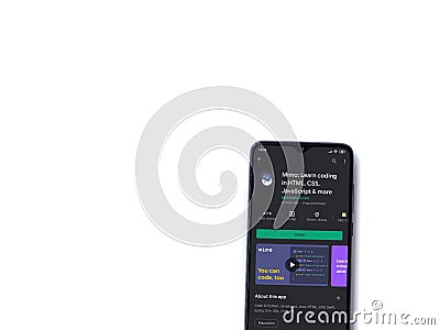 Mimo - Learning coding app play store page on the display of a black mobile smartphone isolated on white background Editorial Stock Photo